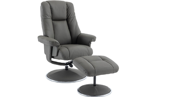 Real Leather Swivel Recliner and Footstool - 45 Degree Angle - Cinder