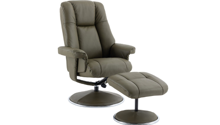 Real Leather Swivel Recliner and Footstool - 45 Degree Angle - Olive Green