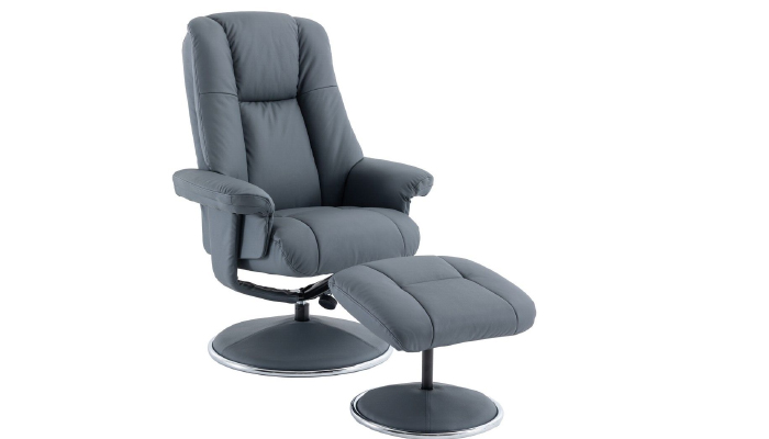 Real Leather Swivel Recliner and Footstool - 45 Degree Angle - Petrol Blue