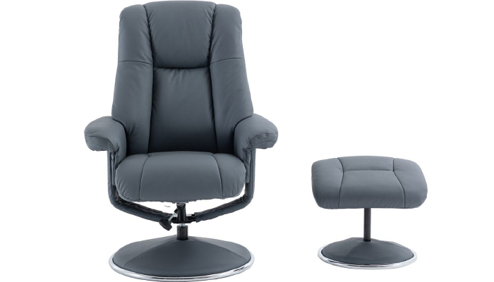 Real Leather Swivel Recliner and Footstool - Front View - Petrol Blue