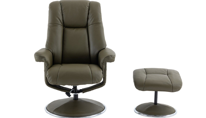 Real Leather Swivel Recliner and Footstool - Front View - Olive Green